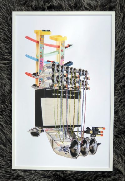 Collage using images of engines, ladders and amplifies with acrylic paint to look like cables.