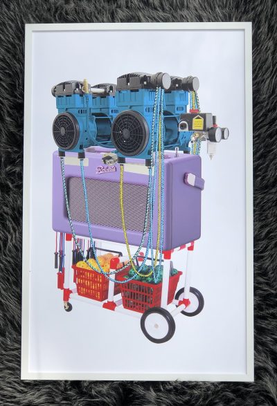 Collage using images of engines, ladders and amplifies with acrylic paint to look like cables.