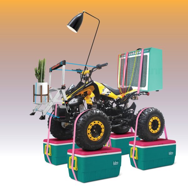 Collage using images of all-terrain vehicles, coolers and amplifies with cables and straps.