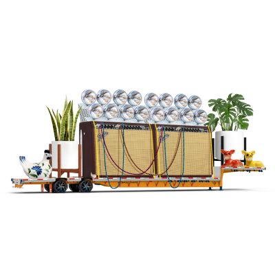 Collage using images of flatbedtractor-trailers, plants, figurines, lights and amplifies with cables and straps.