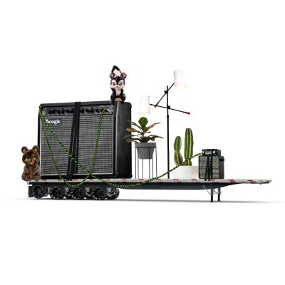 Collage using images of flatbedtractor-trailers, plants, figurines, lights and amplifies with cables and straps.