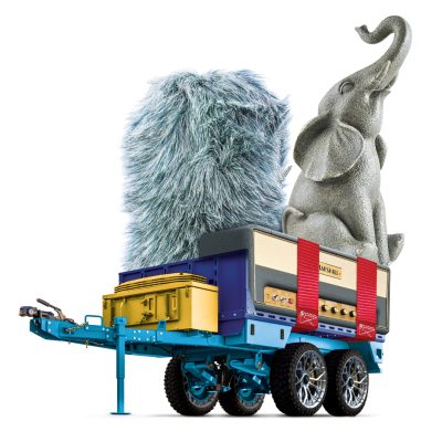 Collage using images of a trailer with custom rims, an oversize guitar amplification head, straps, a elephant statue and furry microphone noise cover