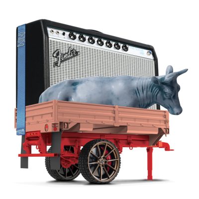 Collage using images of a trailer with custom rims, an oversize guitar amplification head, straps and a blue cow